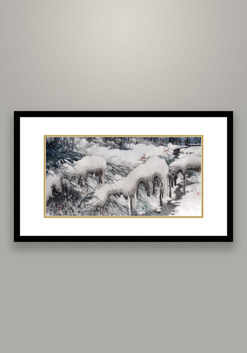 《雪地雙鹿》 國畫 冰雪