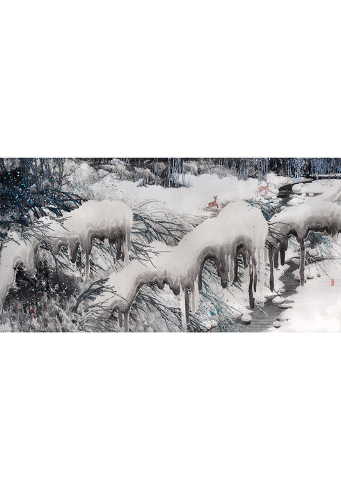 《雪地雙鹿》 國畫 冰雪